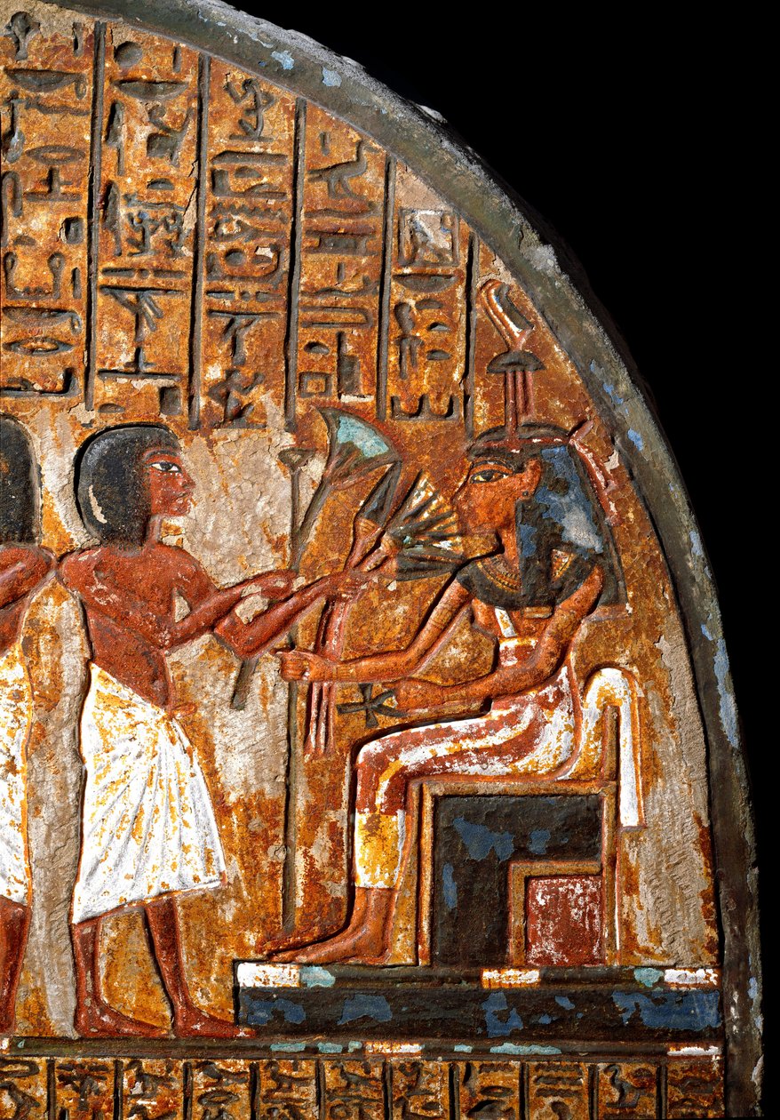 Egyptisk antikvitet: Minhoteps begravelsesstele: detalj som representerer et tilbud av blomster til gudinnen Hathor som har livets nøkkel i form av et Ansee-kors (Ankh). 18. dynasti. 1300-tallet f.Kr. Torino, egyptisk museum av Egyptian 18th Dynasty