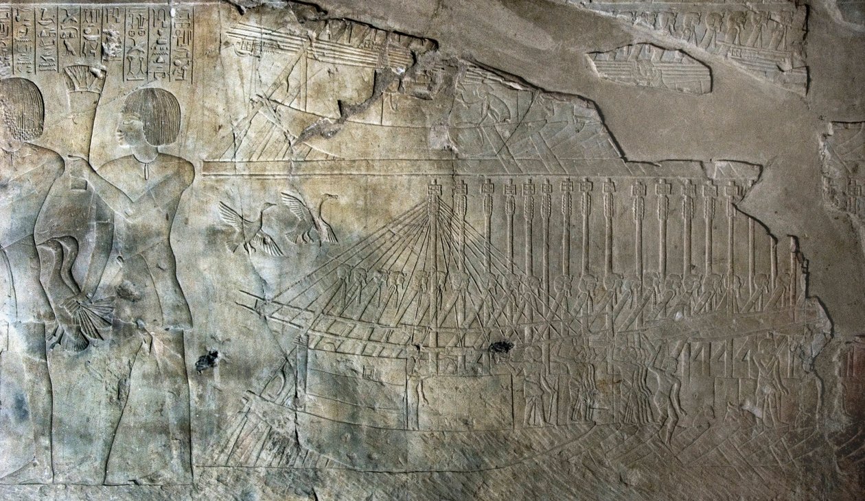 Egyptisk antikvitet: relieff fra graven til Kha em Het (Khaemhat) inspektør for loft og skriver ved hoffet til Amenophis III (TT57) som representerer en flåte av skip. 18. dynasti. 1530-1290 f.Kr. Vallee des Nobles. Luxor, Vestbredden, Egypt av Egyptian 18th Dynasty