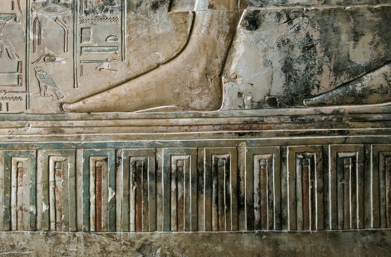 Egyptisk antikvitet: relieff som representerer foten til skriveren som forlater graven og palassfrisen til graven til Kha em Het (Khaemhat) inspektør for loft og skriver ved hoffet til Amenophis III (TT57). 18. dynasti. 1530-1290 f.Kr. Vallee des Nobles. L av Egyptian 18th Dynasty