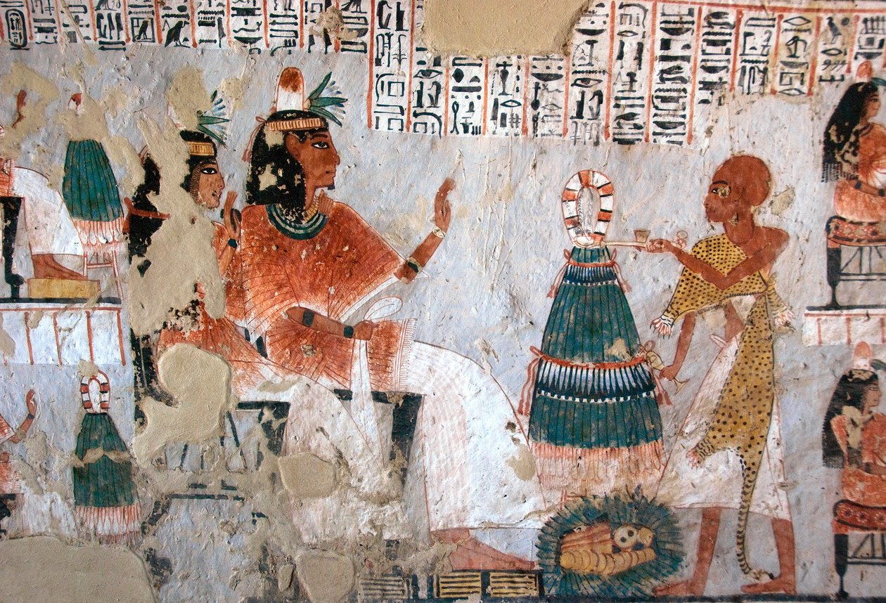 Egyptisk antikvitet: representasjon av Roy og hans kone Nebtawy overfor en yppersteprest. Maleri av graven til Roy (TT255). 18. dynasti. Fra Vestbredden av Luxor, Egypt av Egyptian 18th Dynasty