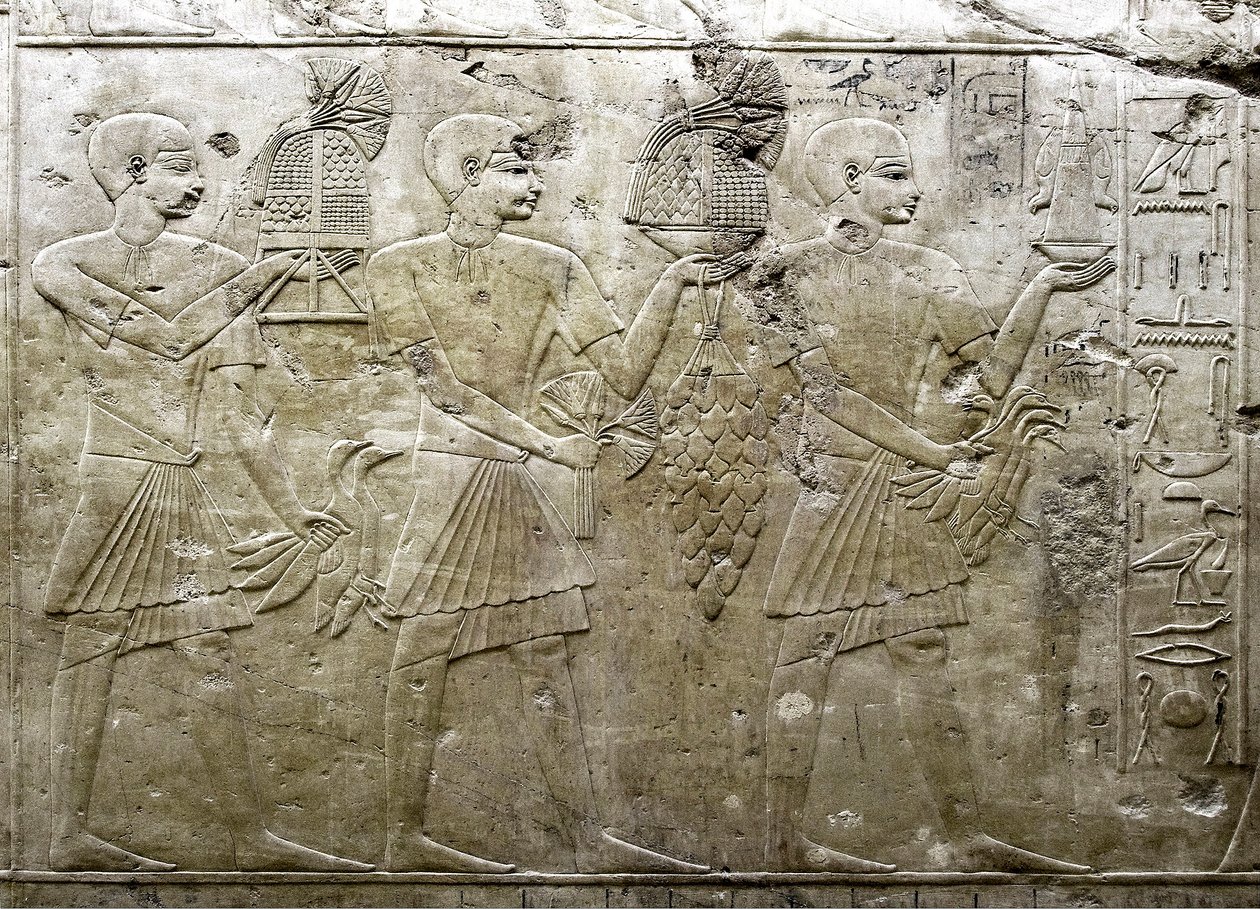 Egyptisk antikvitet: representasjon av offerbærere. Lavt relieff av Vizir Ramoses grav (18. dynasti). Luxor, Theben, Adelsdalen Egypt av Egyptian 18th Dynasty
