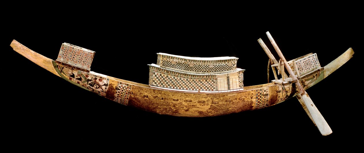 Egyptisk antikvitet: kongelig båt: den representerer den avdødes reise til den andre verden. Treskjæring fra graven til All-Ankh-Amon (Tutankhamun eller Tutankhamun), kongenes dal, Egypt. 1375-1358 f.Kr. Egyptisk museum, Kairo, Egypt - Egyptisk antikvitet av Egyptian 18th Dynasty