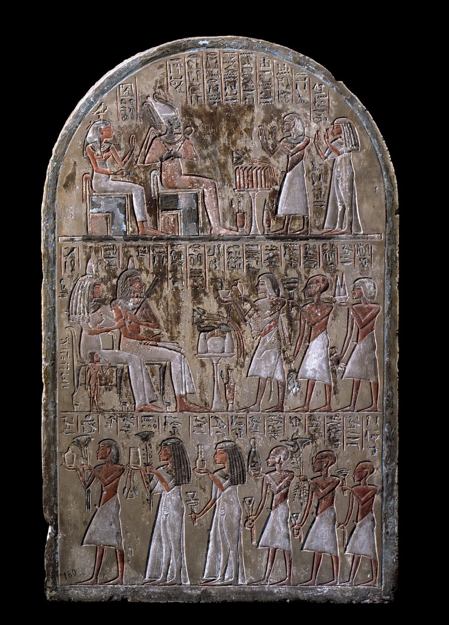 Egyptisk antikvitet: stele av Maia-paret, det nedlagte tilbudet gir gudene. 18. dynasti. Fra kapellet i Maia, Deir el-Medineh (el Medineh), New Empire Dim. 67 cm Torino, egyptisk museum av Egyptian 18th Dynasty