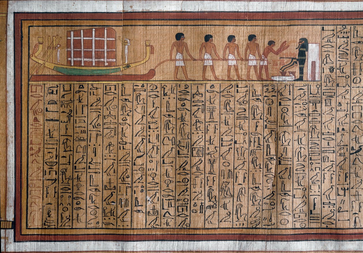Egyptisk antikvitet: transporten av katafalken til graven. Papyrus. Book of the Dead of Kha. 18. dynasti av Egyptian 18th Dynasty