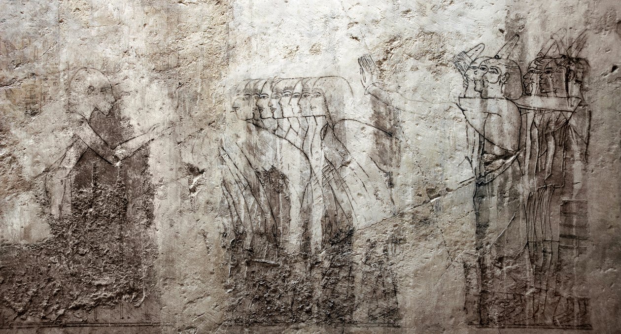 Egyptisk antikvitet: uferdige tegninger som dekorerer graven til visiren Ramose (18. dynasti). Luxor, Vestbredden, graven til adelige Egypt av Egyptian 18th Dynasty
