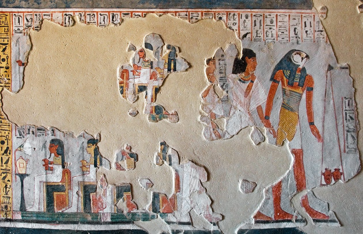 Egyptisk antikvitet: Horus guider Roy og hans kone til hjertenes pess. Fragmenter av freskomaleri fra graven til Roy (TT255). 18. dynasti. Fra Vestbredden av Luxor, Egypt av Egyptian 18th Dynasty