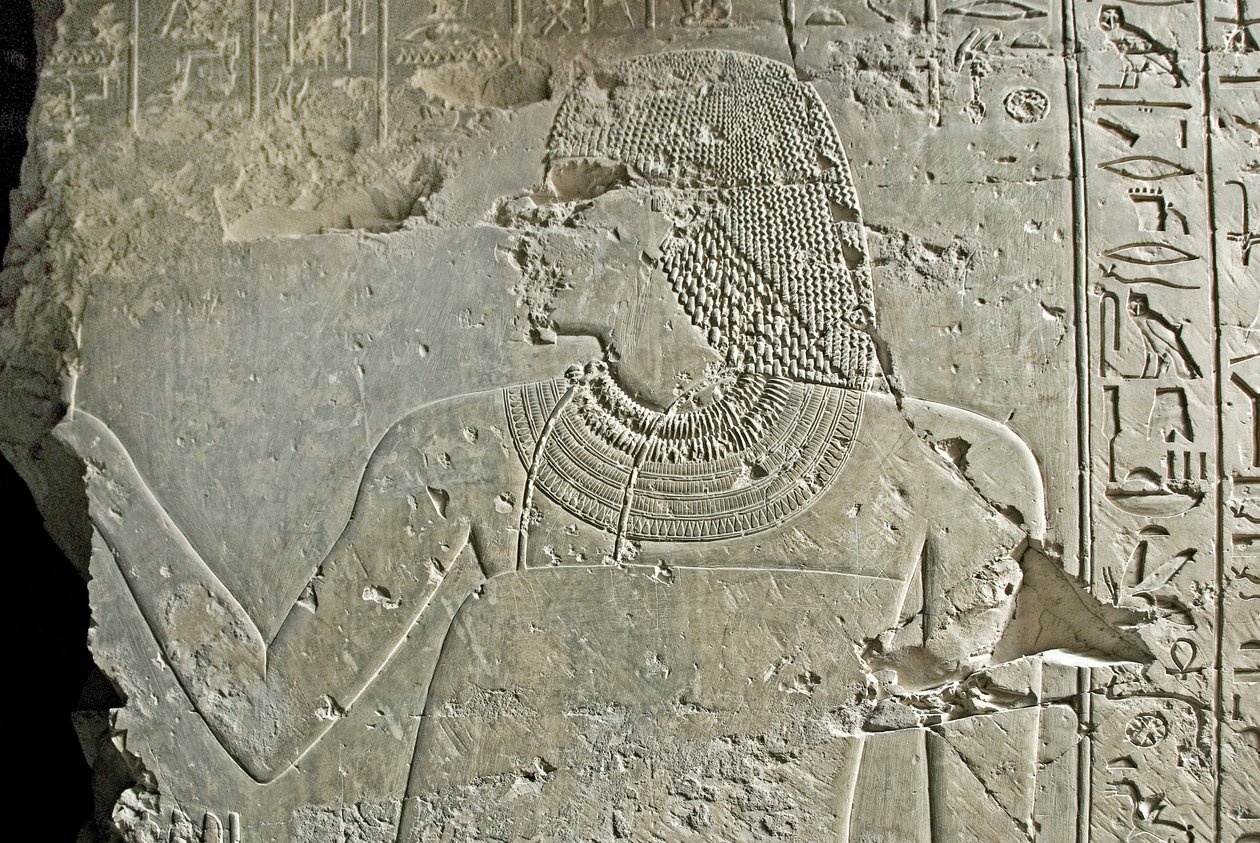Egyptisk antikvitet: representasjon av vizir Ramose. Lavt relieff av graven hans (18. dynasti). Luxor, Theben, graven til adelige Egypt av Egyptian 18th Dynasty