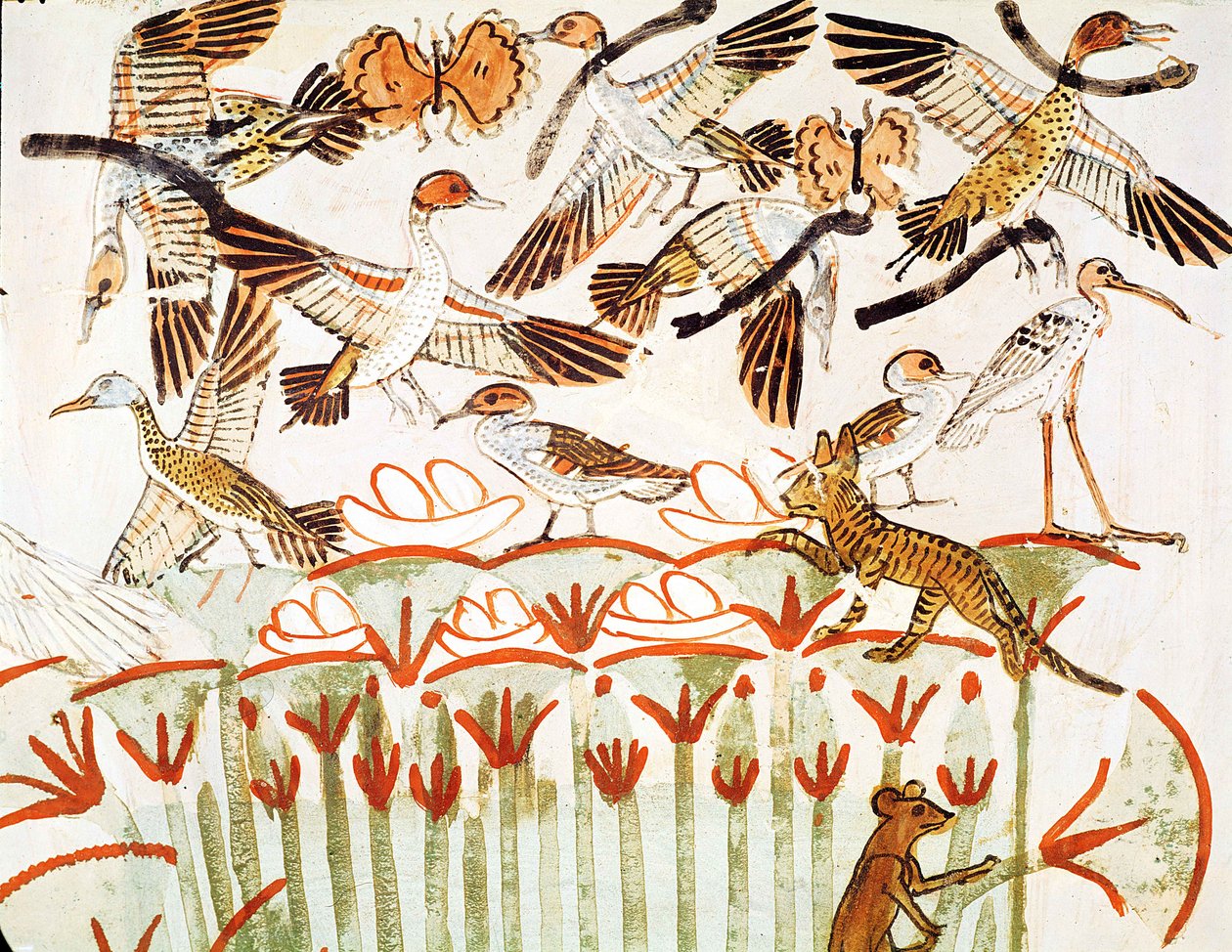 Fiske og fuglefangst i myrene, detaljer om fuglene, fra gravkapellet i Menna, New Kingdom (veggmaleri) av Egyptian 18th Dynasty