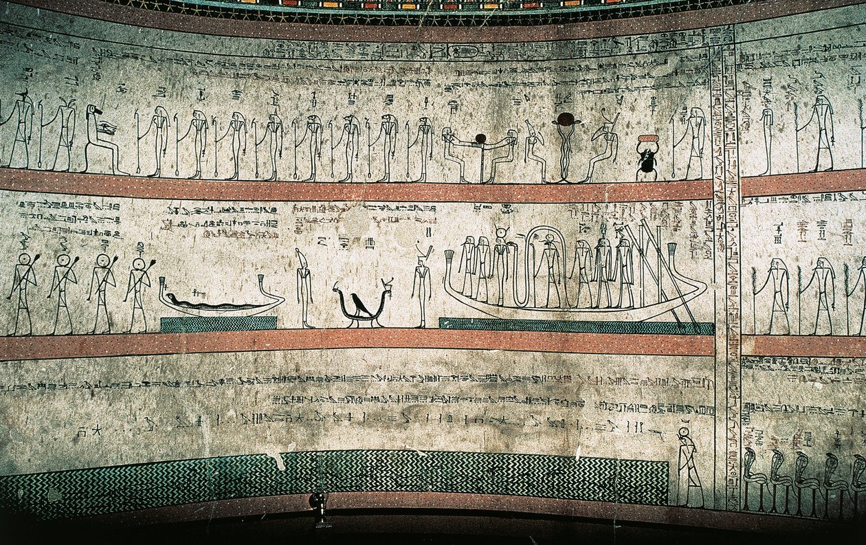 Fresker som viser Amduats bok, Solbåtens reise, på gravkamrenes vestvegg av Egyptian 18th Dynasty