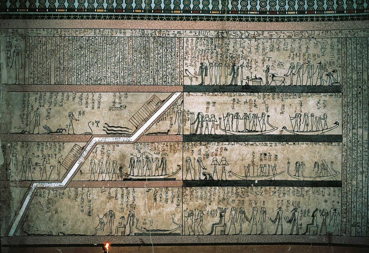 Fresker som viser Amduats bok, Solbåtens reise, på gravkamrenes østvegg av Egyptian 18th Dynasty