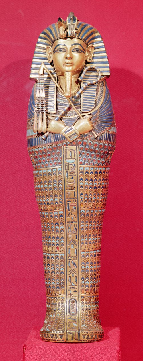 Forfra av en av de baldakinske kistene, fra Tutankhamons grav (ca. 1370-1352 f.Kr.) New Kingdom (banket gull innlagt med farget glass og cornelian) (se også 227990-92) av Egyptian 18th Dynasty