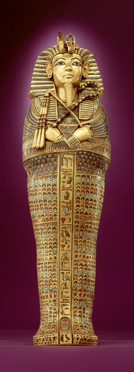 Forfra av en av de baldakinske kistene, fra Tutankhamons grav (ca. 1370-1352 f.Kr.) New Kingdom (banket gull innlagt med farget glass og cornelian) (se også 227990 & 227992) av Egyptian 18th Dynasty