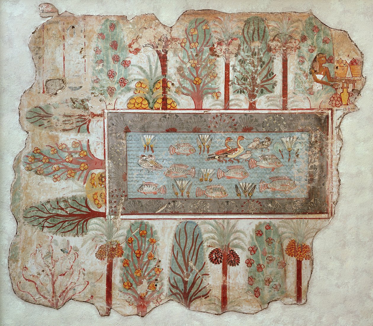 Hage til en privat eiendom med et prydbasseng, en del av veggmaleriet fra graven til Nebamun, Theben, New Kingdom, ca. 1350 f.Kr. (malt gips) av Egyptian 18th Dynasty