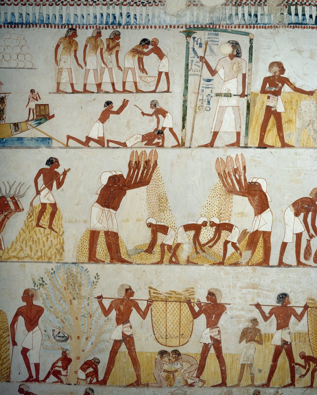 Høsting av avling, tresking og vinning av korn, detaljer fra fresker i vestibylen til graven til Menna, Sheikh Abd el Qurnah Necropolis, Luxor, Theben (Unescos verdensarvliste av Egyptian 18th Dynasty