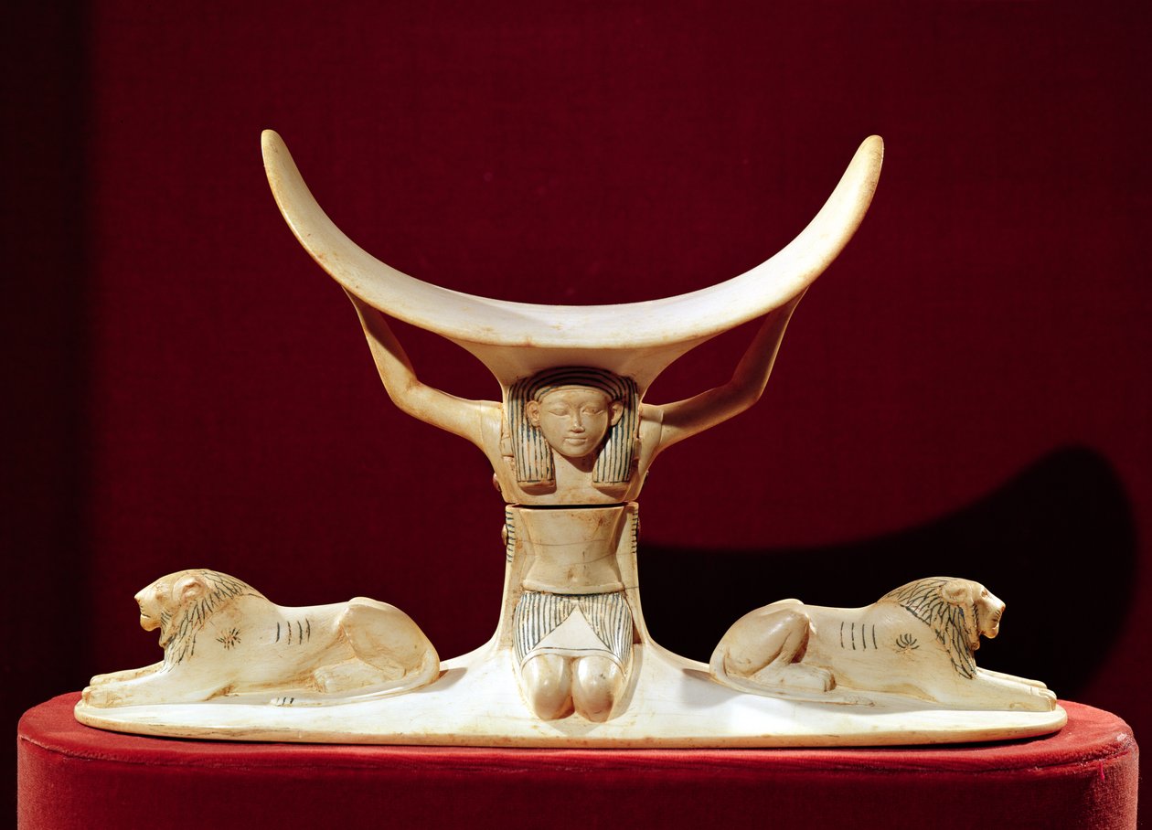 Nakkestøtte med Shu, den egyptiske luftguden, fra Tutankhamons grav, New Kingdom (se også 391029) av Egyptian 18th Dynasty