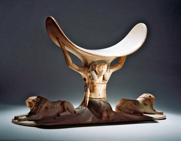 Nakkestøtte med Shu, den egyptiske luftguden, fra Tutankhamons grav, New Kingdom av Egyptian 18th Dynasty