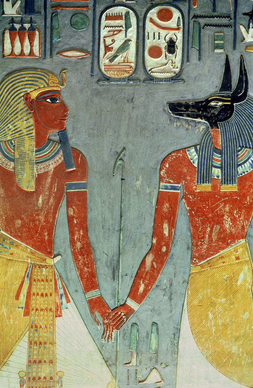Horemheb og Anubis, fra Horemhebs grav (ca. 1323-1295 f.Kr.) New Kingdom (veggmaleri) av Egyptian 18th Dynasty