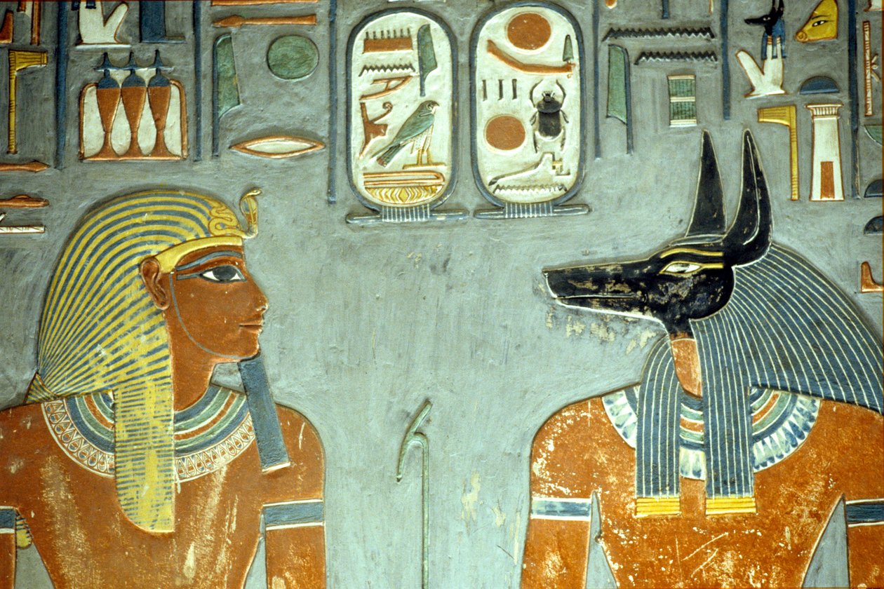 Horemheb og Anubis, fra Horemhebs grav (ca. 1323-1295 f.Kr.) New Kingdom (veggmaleri) (detalj av 218343) av Egyptian 18th Dynasty
