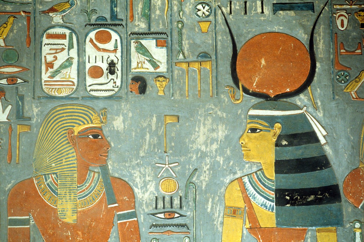 Horemheb og Hathor, fra Horemhebs grav (ca. 1323-1295 f.Kr.) New Kingdom (veggmaleri) (detalj av 218340) av Egyptian 18th Dynasty