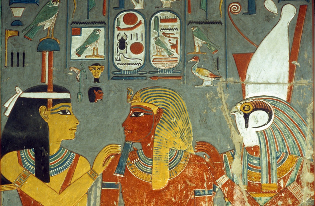 Horus, Horemheb og Hathor, fra Horemhebs grav (ca. 1323-1295 f.Kr.) New Kingdom (veggmaleri) av Egyptian 18th Dynasty