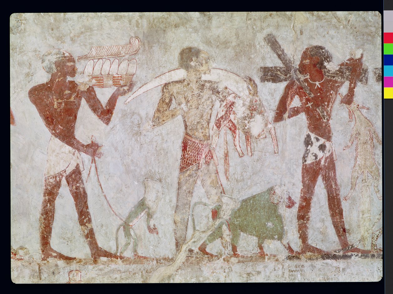 Kushites som bærer hyllest av gull, elfenben og dyreskinn, fra graven til Rekhmire, vesir av Tuthmosis III og Amenhotep II, New Kingdom (veggmaleri) av Egyptian 18th Dynasty