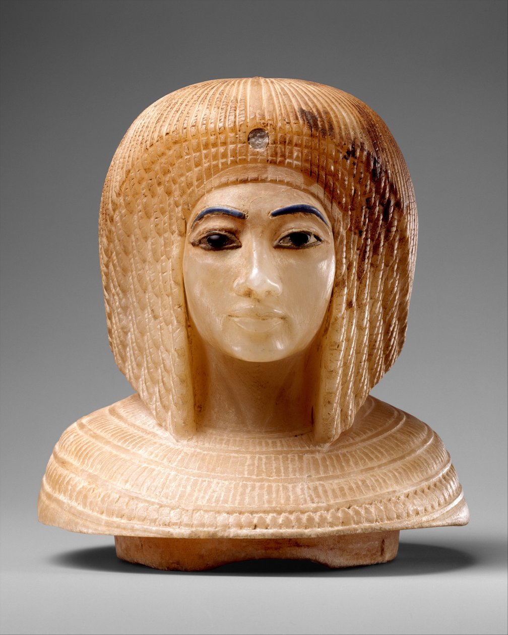 Lokk i form av et kongelig kvinnehode, ca. 1349–36 f.Kr. (travertin, blått glass, obsidian) av Egyptian 18th Dynasty