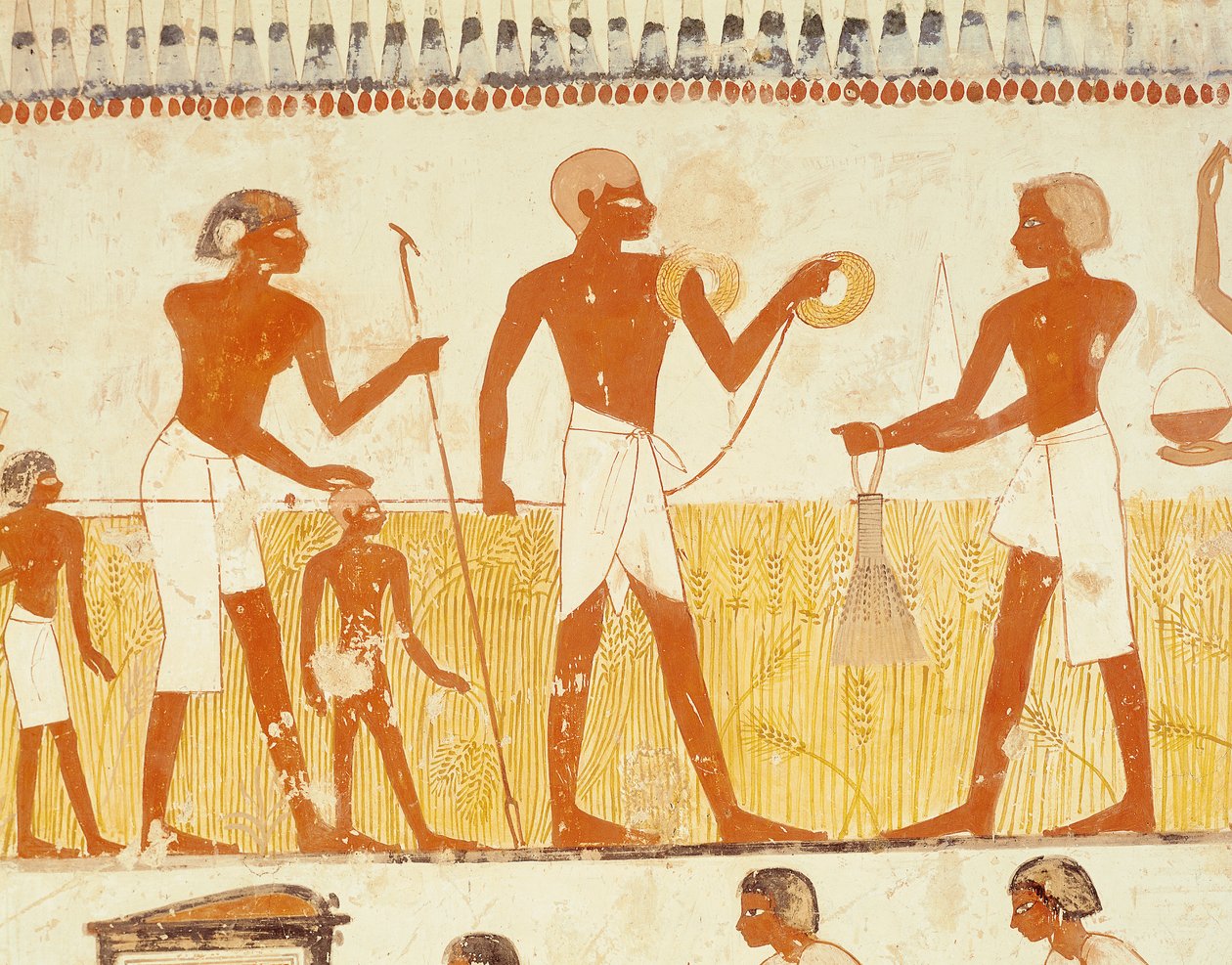 Måling av landet ved hjelp av tau, fra Tomb Chapel of Menna, New Kingdom (veggmaleri) (se også 251666) av Egyptian 18th Dynasty
