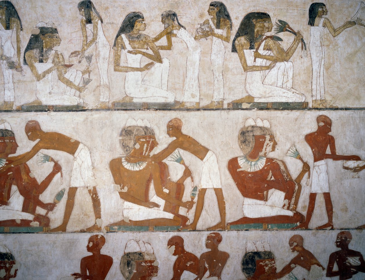 Menn og kvinner tar på seg smykker, detaljer fra freskene i graven til Rekhmire, Sheikh Abd el Qurnah Necropolis, Luxor, Theben (Unescos verdensarvliste av Egyptian 18th Dynasty