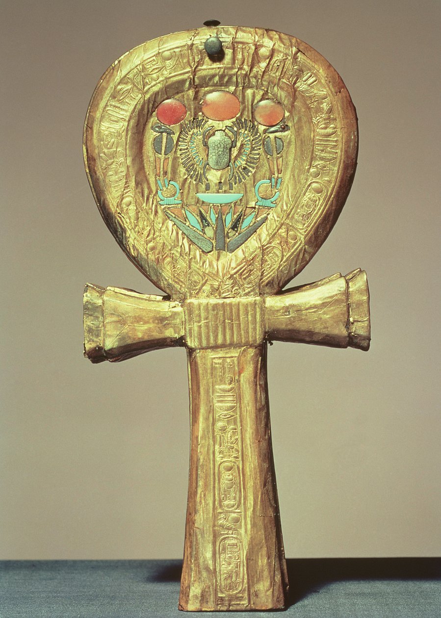 Speilkasse i form av en ankh, fra graven til Tutankhamon (ca. 1370-52 f.Kr.) New Kingdom (forgylt tre innlagt med glasspasta) av Egyptian 18th Dynasty