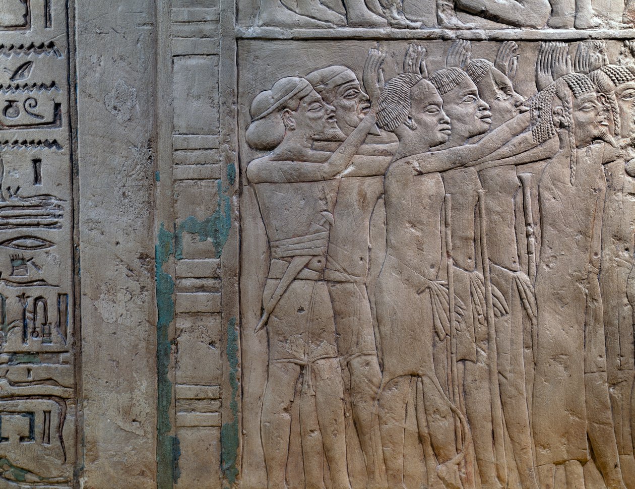 Prinser av Nubia, Libya, Syria og Palestina kommer for å hylle kongen, basrelieff i kalkstein, fra Memphite Tomb of Horemheb, ved Saqqara, Egyptian Civilization, New Kingdom, Dynasti XVIII av Egyptian 18th Dynasty