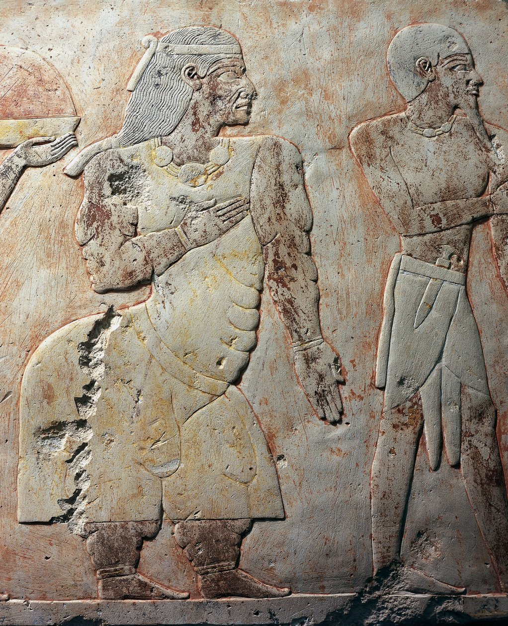 Queen of Punt, detaljscene som skildrer ekspedisjonen til Land of Punt, malt relieff, kolonnade av Punt, likhustempelet til Hatshepsut, Deir el-Bahari, Necropolis of Theben (Unescos verdensarvliste av Egyptian 18th Dynasty