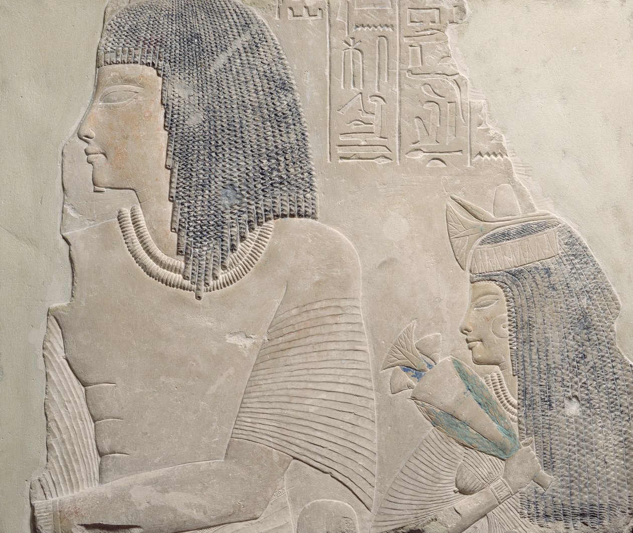 Relieff som viser Imenmes og Dejat, foreldrene til general Imeneminet, fra en grav i Memphis, New Kingdom, ca. 1336-1295 f.Kr. (malt kalkstein) av Egyptian 18th Dynasty