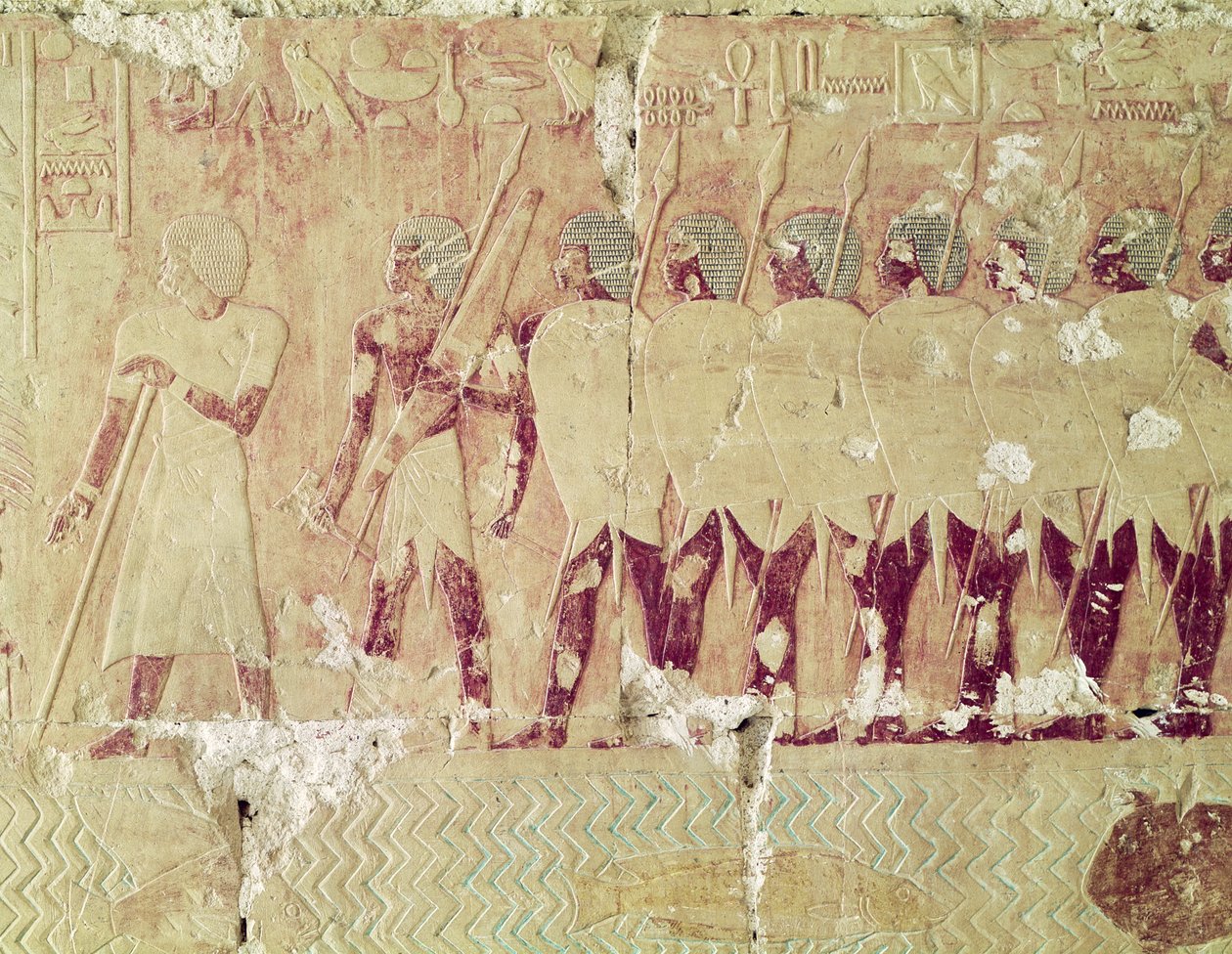 Relieff som viser soldater sendt av dronning Hatshepsut på en ekspedisjon til Land of Punt for å bringe tilbake ingredienser for bruk i tempelritualer, fra likhuset Temple of Hatshepsut, ca. 1503-1482 f.Kr., Nytt av Egyptian 18th Dynasty
