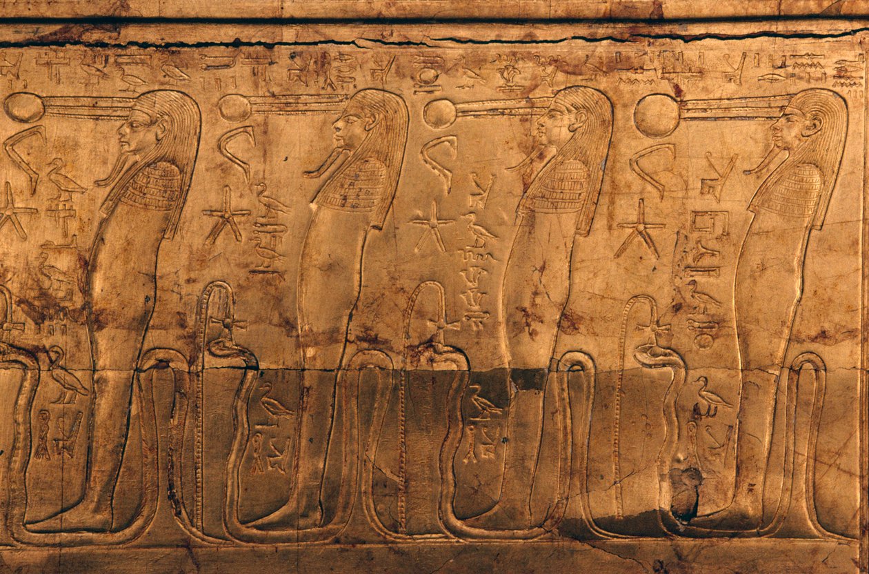 Relieff på forgylt treskrin, Treasury of Tutankhamun av Egyptian 18th Dynasty