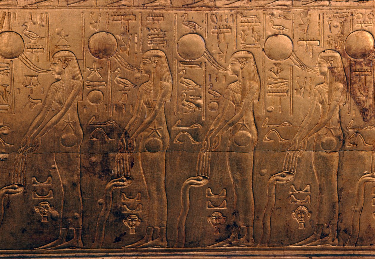 Relieff på forgylt treskrin, Treasury of Tutankhamun av Egyptian 18th Dynasty