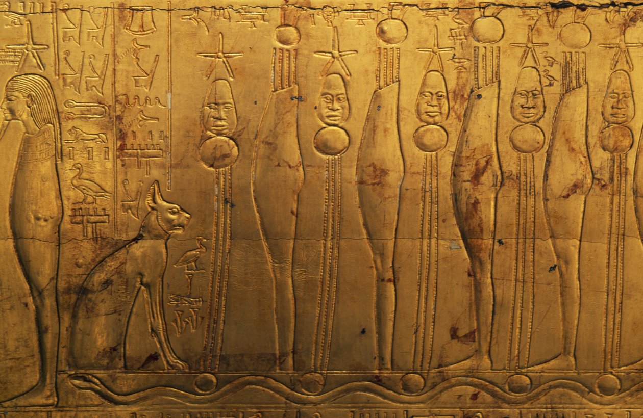 Relieffer på øvre register av høyre ytre panel av andre begravelseskapell, Treasury of Tutankhamon, Egypt, Egyptisk sivilisasjon, New Kingdom, Dynasti XVIII av Egyptian 18th Dynasty