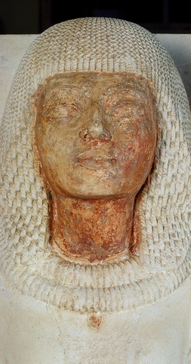 Skriver Meryneiths ansikt, detalj fra dobbel statue av yppersteprest Meryneith og hans kone Aniuia, malt kalkstein som dateres fra regjeringen til Akhenaten, Saqqara. Egyptisk sivilisasjon, New Kingdom, Dynasti XVIII av Egyptian 18th Dynasty