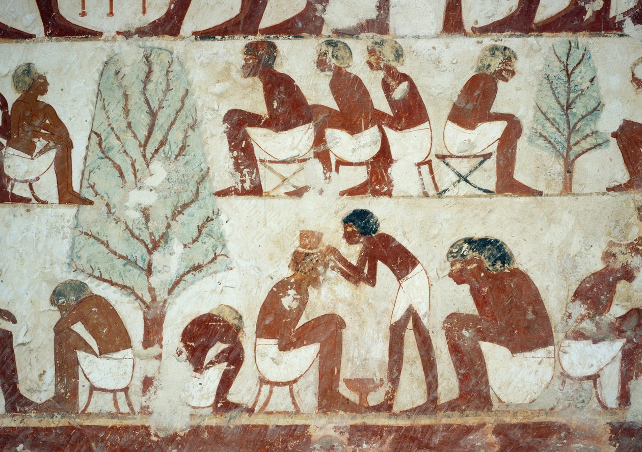 Soldater som klipper håret, detalj fra fresker i Tomb of Userhat, Sheikh Abd el Qurnah Necropolis, Luxor, Theben (Unescos verdensarvliste av Egyptian 18th Dynasty