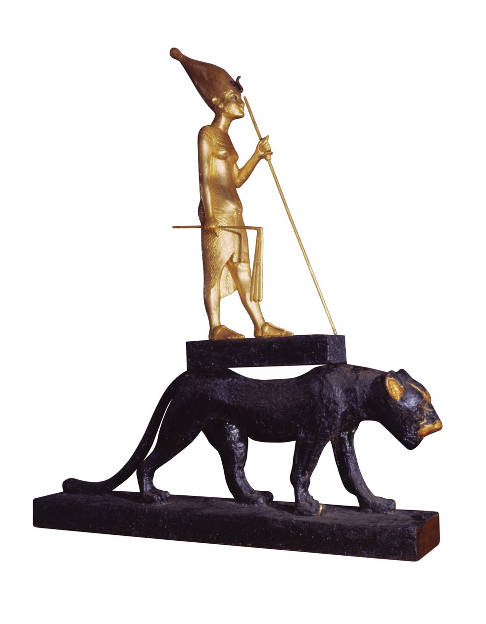 Statuett av kongen på en leopard. fra Tutankhamons grav (ca. 1370-1352 f.Kr.) New Kingdom (tre og forgylt bronse) (se også 228569) av Egyptian 18th Dynasty