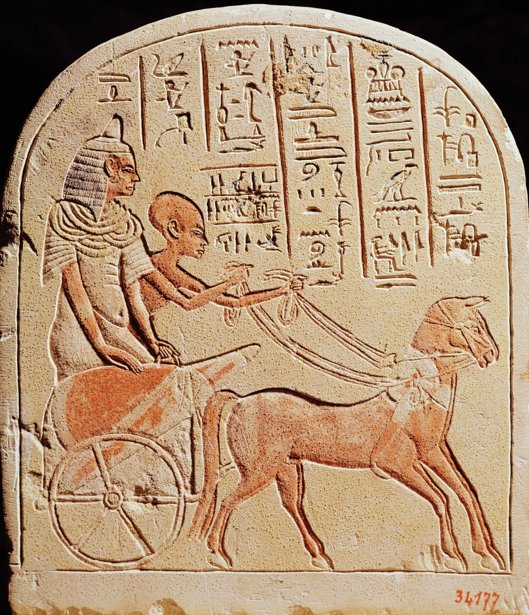 Stela som viser en skriver som kjører en vogn, fra Tell El-Amarna, New Kingdom, ca. 1353-1337 f.Kr. av Egyptian 18th Dynasty