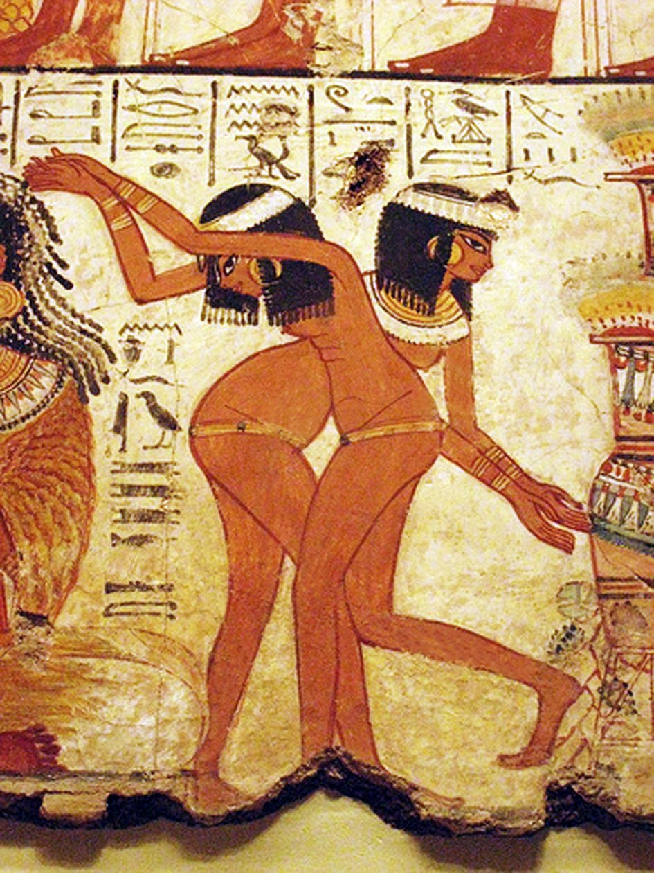 Tempelveggmaleri av to jenter som danser, Egypt (veggmaleri) av Egyptian 18th Dynasty