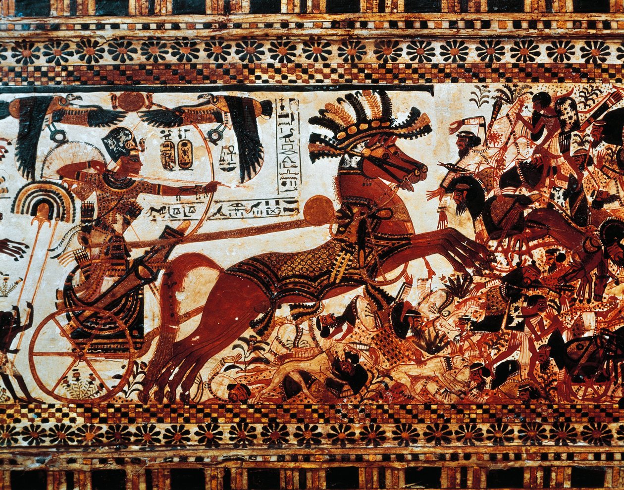 Jaktkassen. Detalj av scenen som viser kongen på sin vogn som beseirer asiatiske fiender, New Kingdom, Dynasti XVIII av Egyptian 18th Dynasty