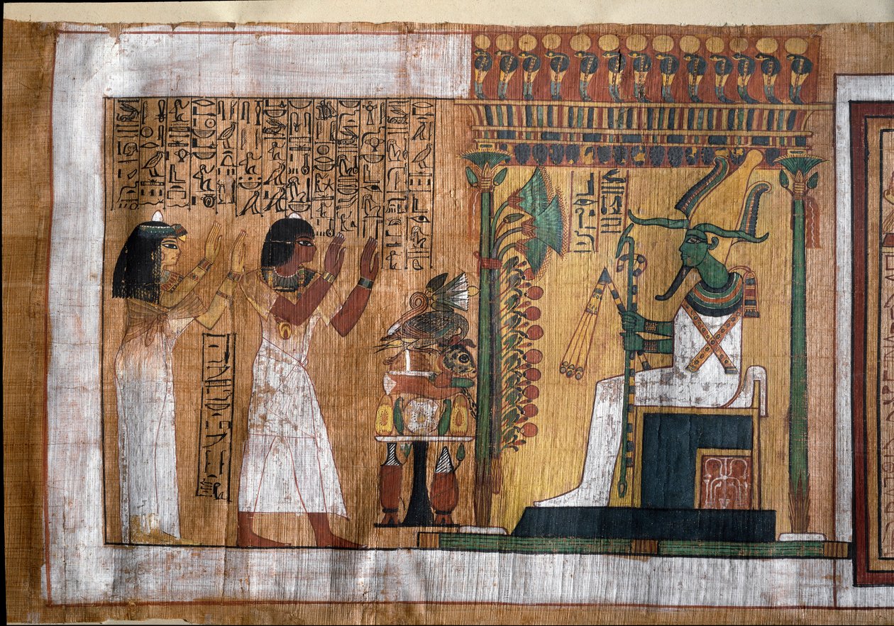 Den avdøde Kha og hans kone Merit tilber Osiris, herre over livet etter døden - Papyrus fra Book of the Dead, fra begravelseskammeret til arkitekten Kha av Egyptian 18th Dynasty