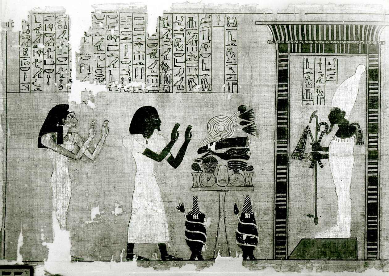 Den avdøde akkompagnert av søsteren går for å hylle Osiris, detalj fra Book of the Dead, New Kingdom (papyrus) av Egyptian 18th Dynasty