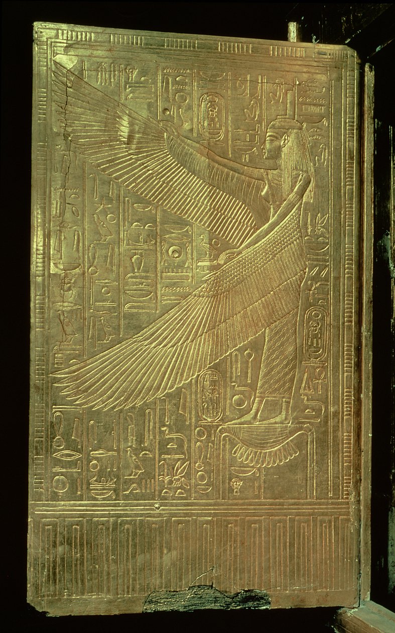 Gudinnen Isis fra innsiden av en av de doble dørene til den tredje forgylte helligdommen, fra graven til Tutankhamon (ca. 1370-52 f.Kr.) New Kingdom (forgylt tre) av Egyptian 18th Dynasty