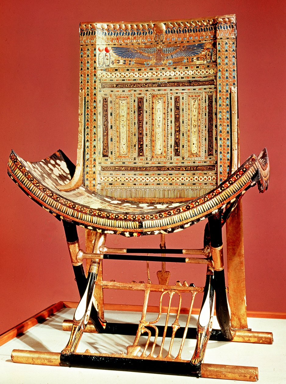 Faraoens kirkelige trone, fra graven til Tutankhamon (ca. 1370-52 f.Kr.) New Kingdom (innlagt tre) (se også 59232) av Egyptian 18th Dynasty