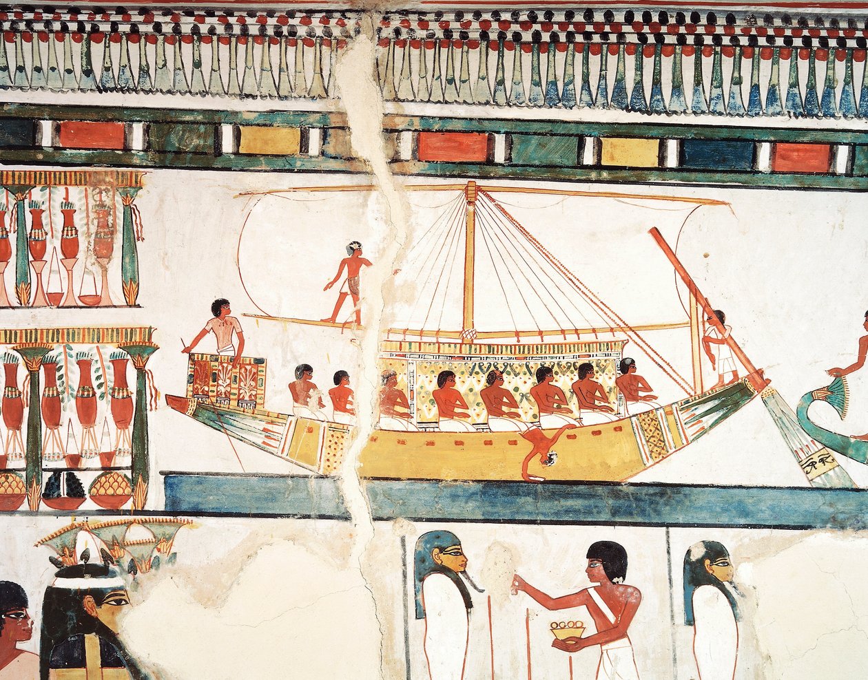 Solskipet, detalj av pilegrimsreisen til Abydos, freskomaleri, nordvegg, lang spisesal, Theban Tomb TT69, Sheikh Abd el-Qurna, Theben (Unescos verdensarvliste av Egyptian 18th Dynasty