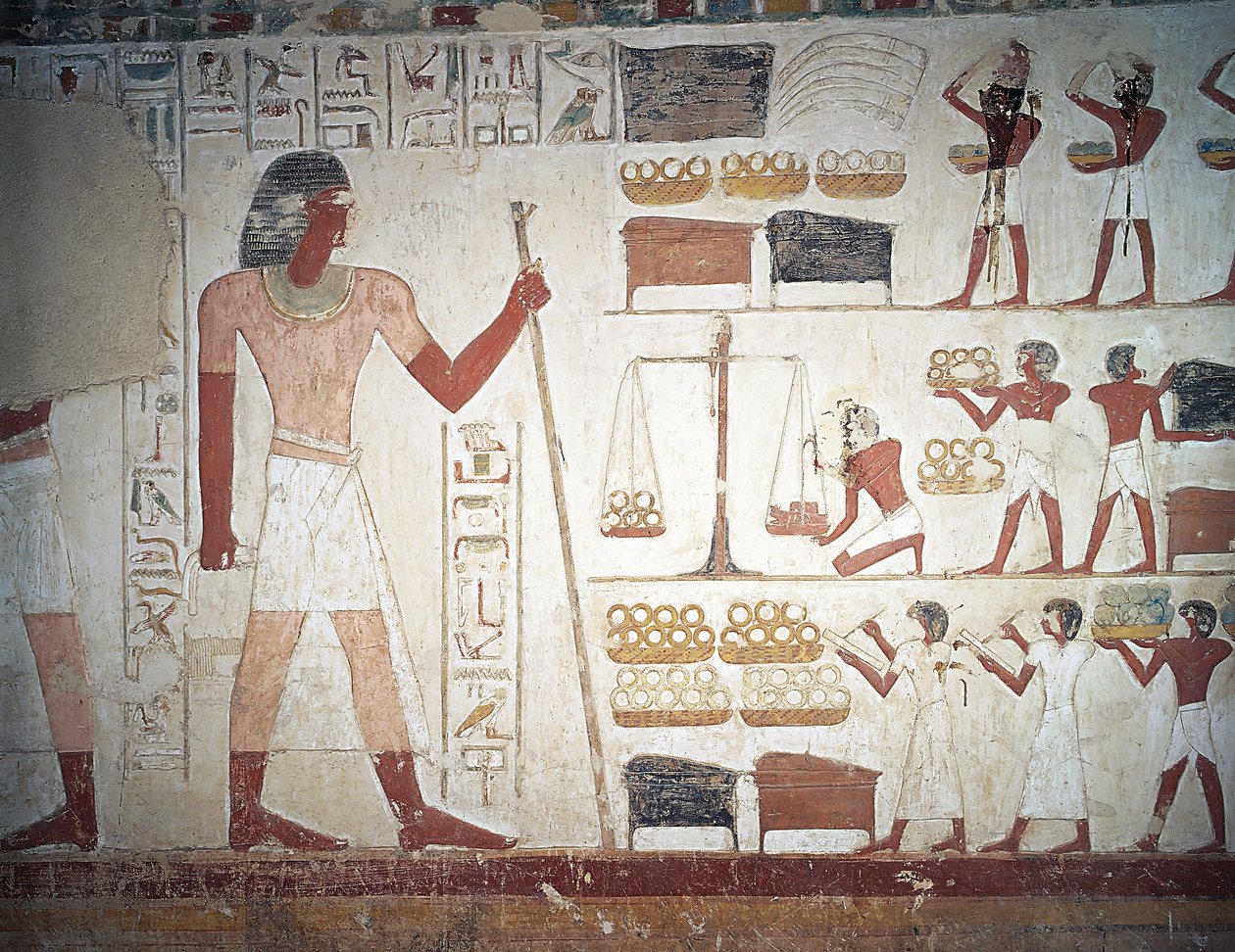 Veiingen av kobber, freskomaleri, Userhats grav, lærer og skriver under Amenhotep IIs regjeringstid, også kjent som grav TT56, Sheikh Abd el-Qurna, Theben (Unescos verdensarvliste av Egyptian 18th Dynasty