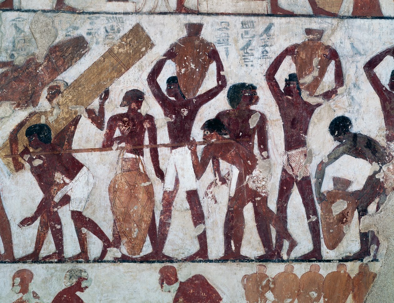 Transportere mat for å lagre varehusene til Temple of Ammon, Tomb of Rekhmire, også kjent som Tomb TT100, Sheikh Abd el-Qurna, Theban Necropolis (Unescos verdensarvliste) av Egyptian 18th Dynasty