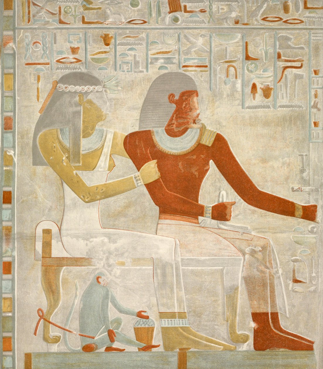 illustrasjon av fresken Paheri og hans kone Henut-er-neheh fra graven til Paheri i El Kab, Egypt, bilde publisert i 1895 (Skriv ut) av Egyptian 18th Dynasty